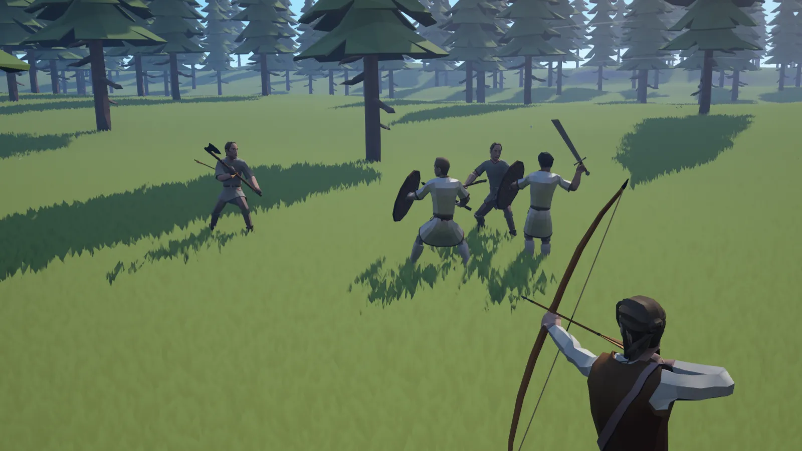 An archer draws a bow on a group of sword-and-shield fighters clashing in a sunlit forest clearing.