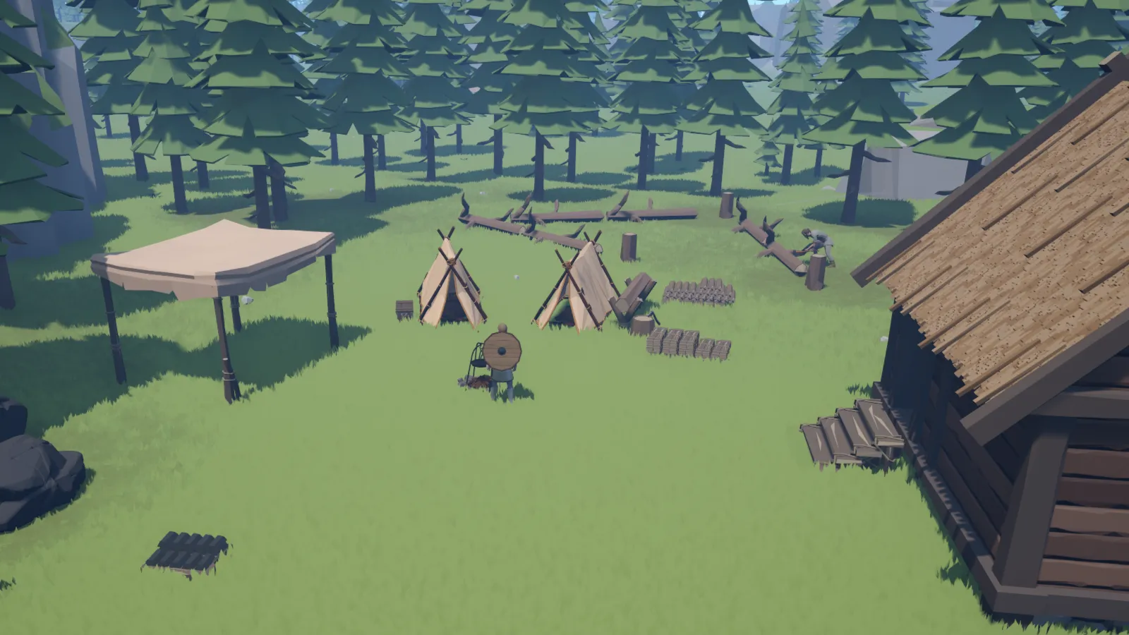 A forest settlement seen from above: two canvas tents, a timber longhouse, stacked logs, and a villager splitting wood.