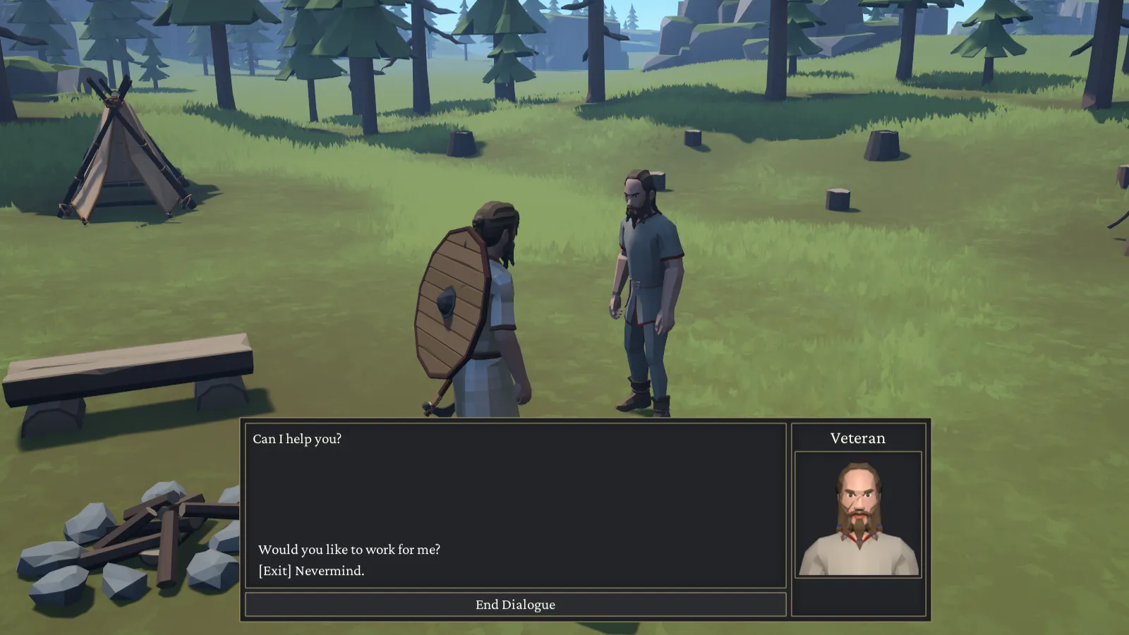 A shield-bearing player character talks to an NPC named Veteran, who asks "Would you like to work for me?"